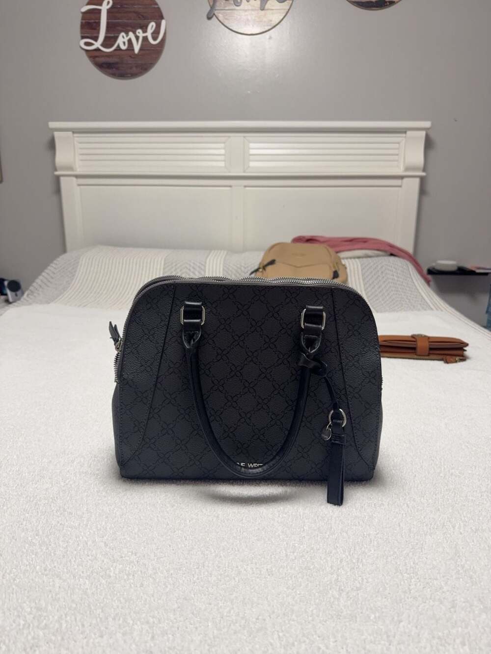 Nine West Black Monogram Dome Satchel Crossbody Bag